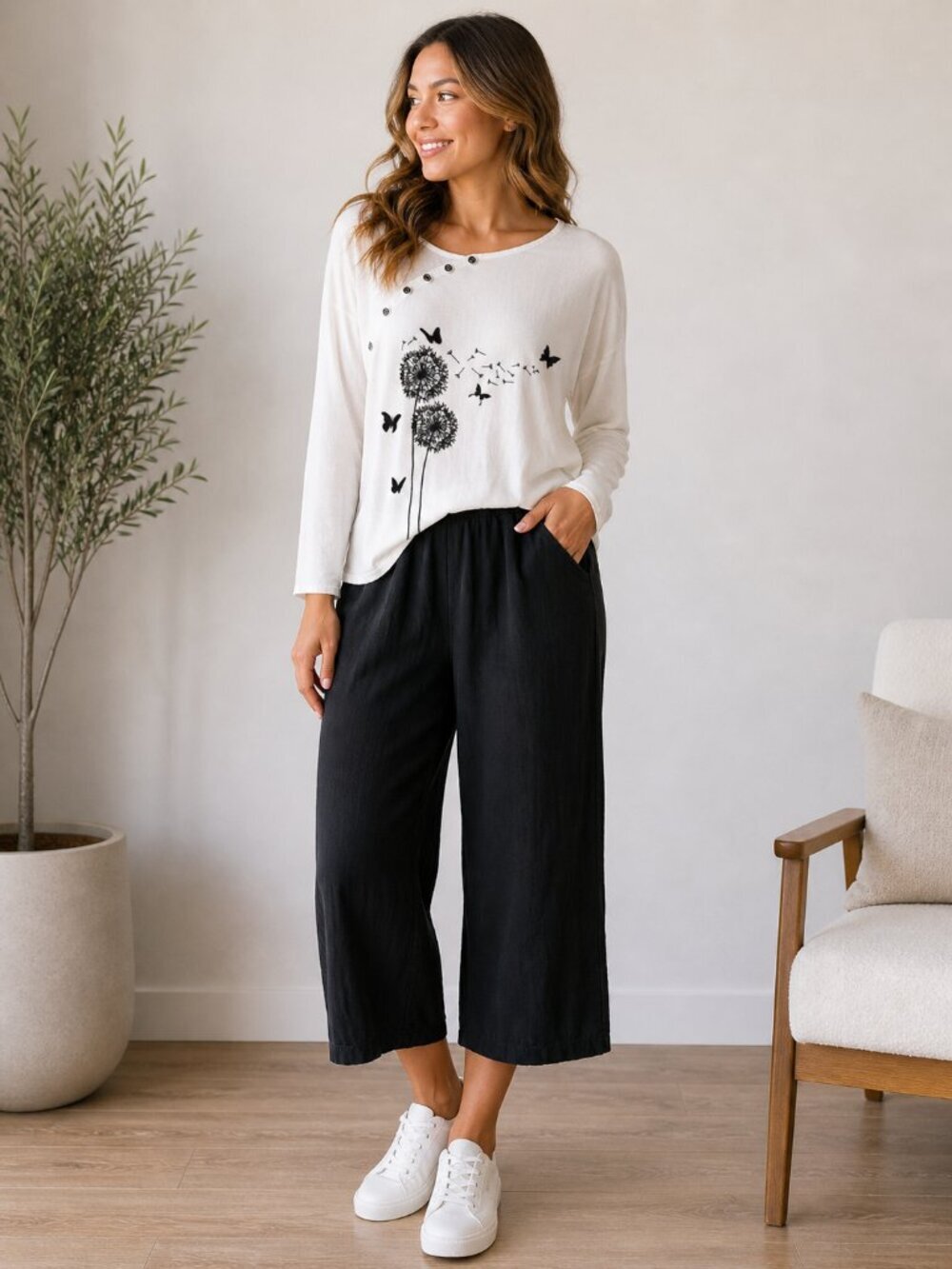 Jusfashion Cotton Dandelion Graphic Top & Black Wide Leg Pants Set